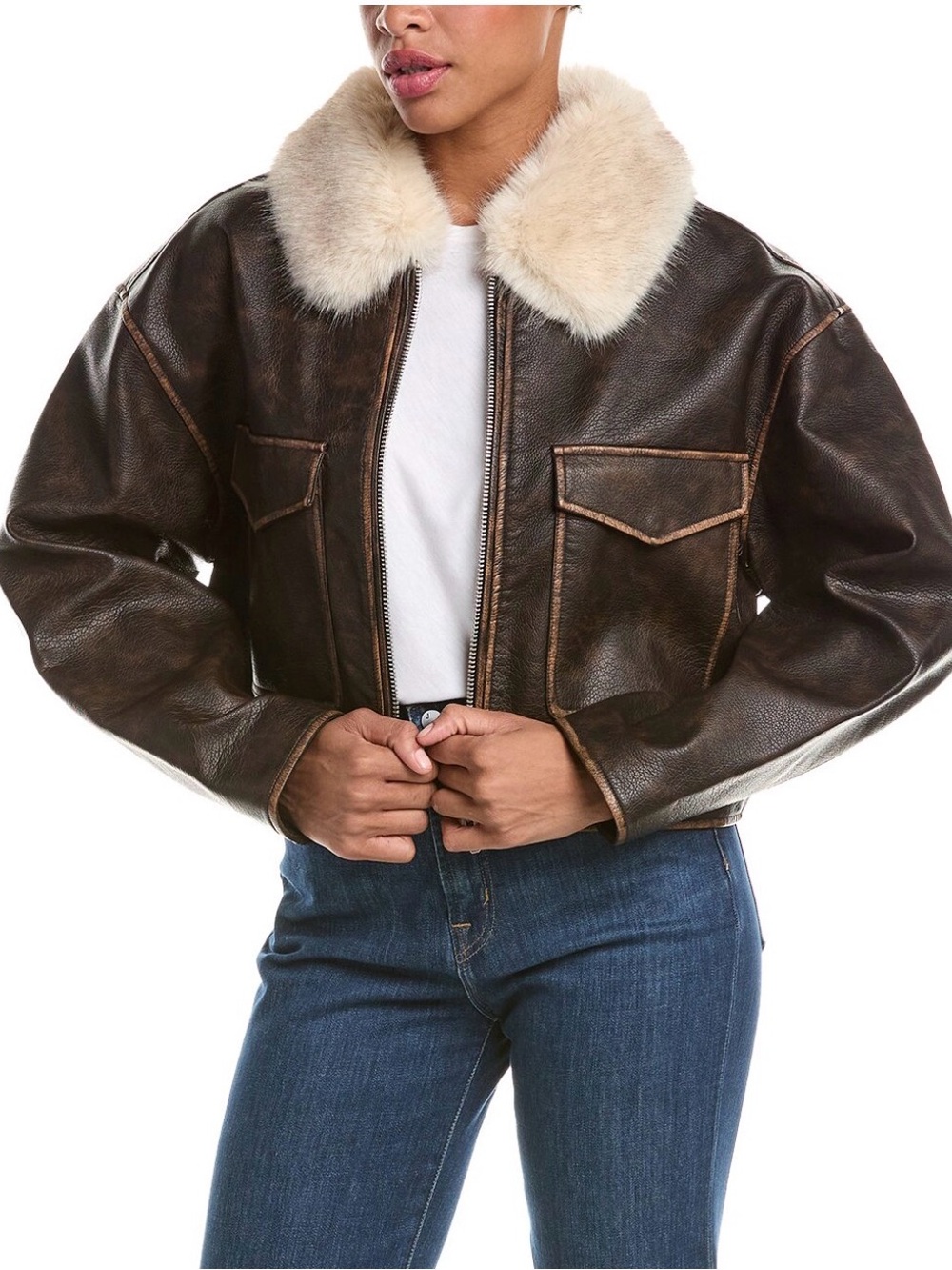 NWT BLANKNYC Brown Bomber Jacket S Removable Faux Fur Collar Rugged MSRP $198